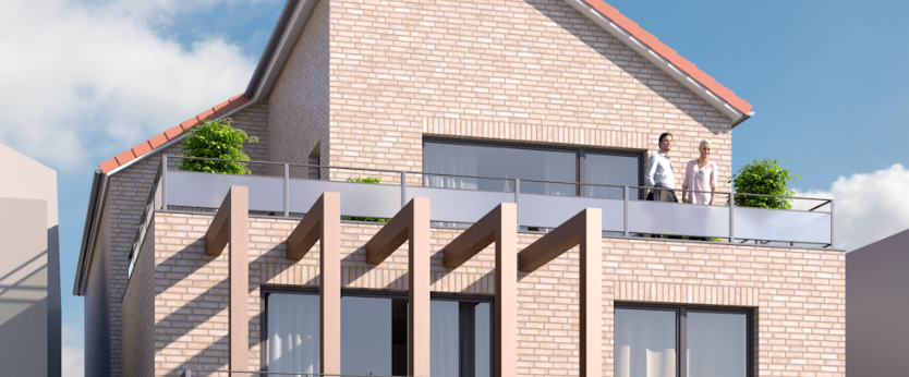HDW Projekt Hoya Deichstraße Außenansicht der Gebäuderückseite vom Neubau in Hoya an der Deichstraße. Zwei Personen blicken vom Balkon im zweiten Obergeschoss herüber.